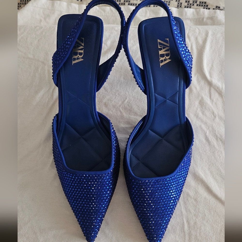 Zara Women's Blue Embellished Slingback Heels